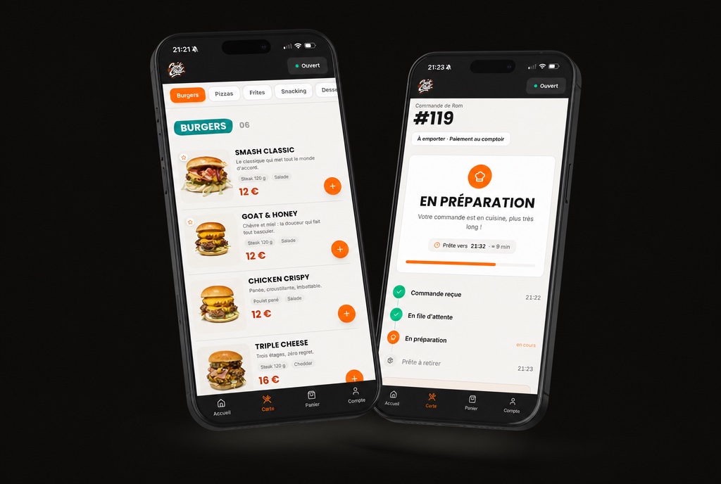 Deux téléphones affichant la carte Cook & Chill et le suivi d'une commande en préparation