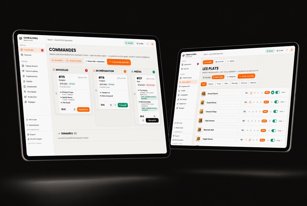 Deux tablettes affichant l'écran des commandes et l'éditeur de carte du back-office